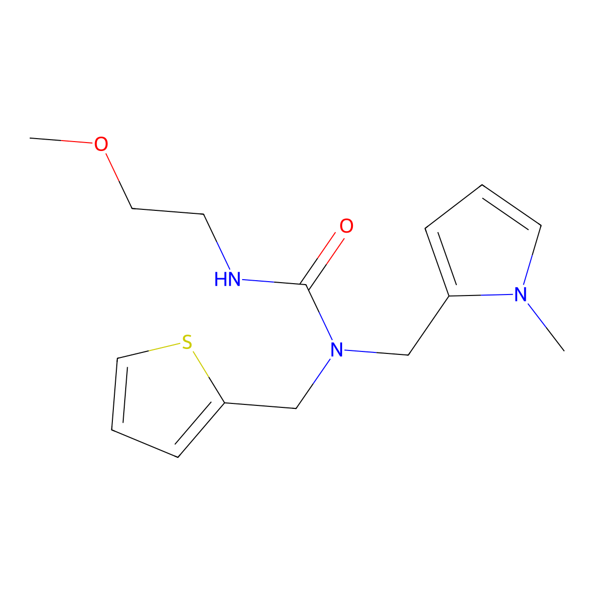 3-(2-methoxyethyl)-1-((1-methyl-1H-pyrrol-2-yl)methyl)-1-(thiophen-2-ylmethyl)urea molecular structure, CAS 1251710-38-9