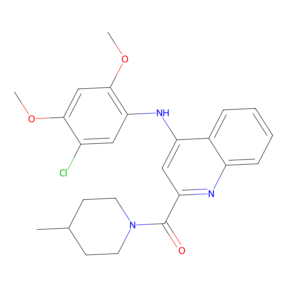 (4-((5-Chloro-2,4-dimethoxyphenyl)amino)quinolin-2-yl)(4-methylpiperidin-1-yl)methanone molecular structure, CAS 1251710-43-6