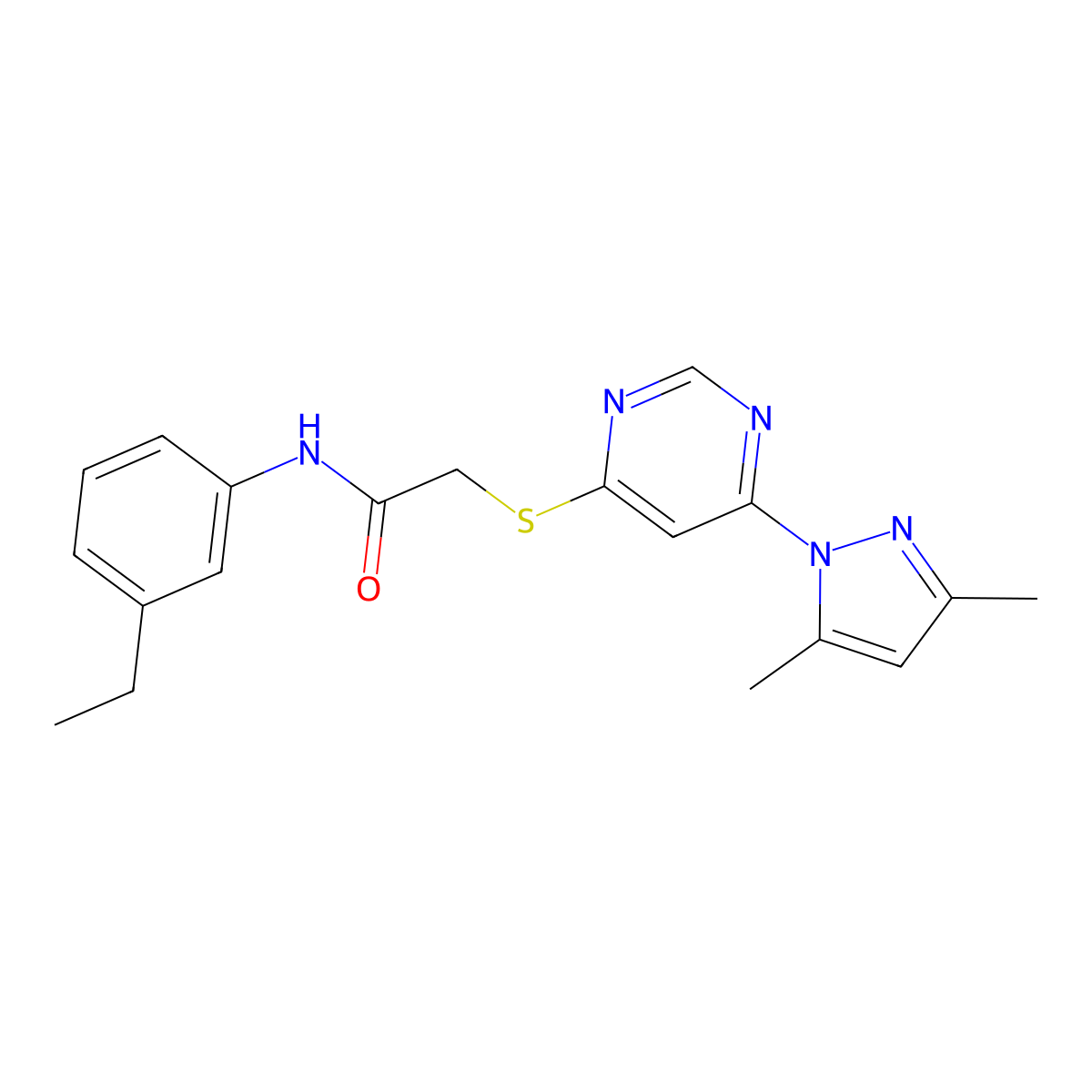 2-((6-(3,5-dimethyl-1H-pyrazol-1-yl)pyrimidin-4-yl)thio)-N-(3-ethylphenyl)acetamide molecular structure, CAS 1251710-55-0