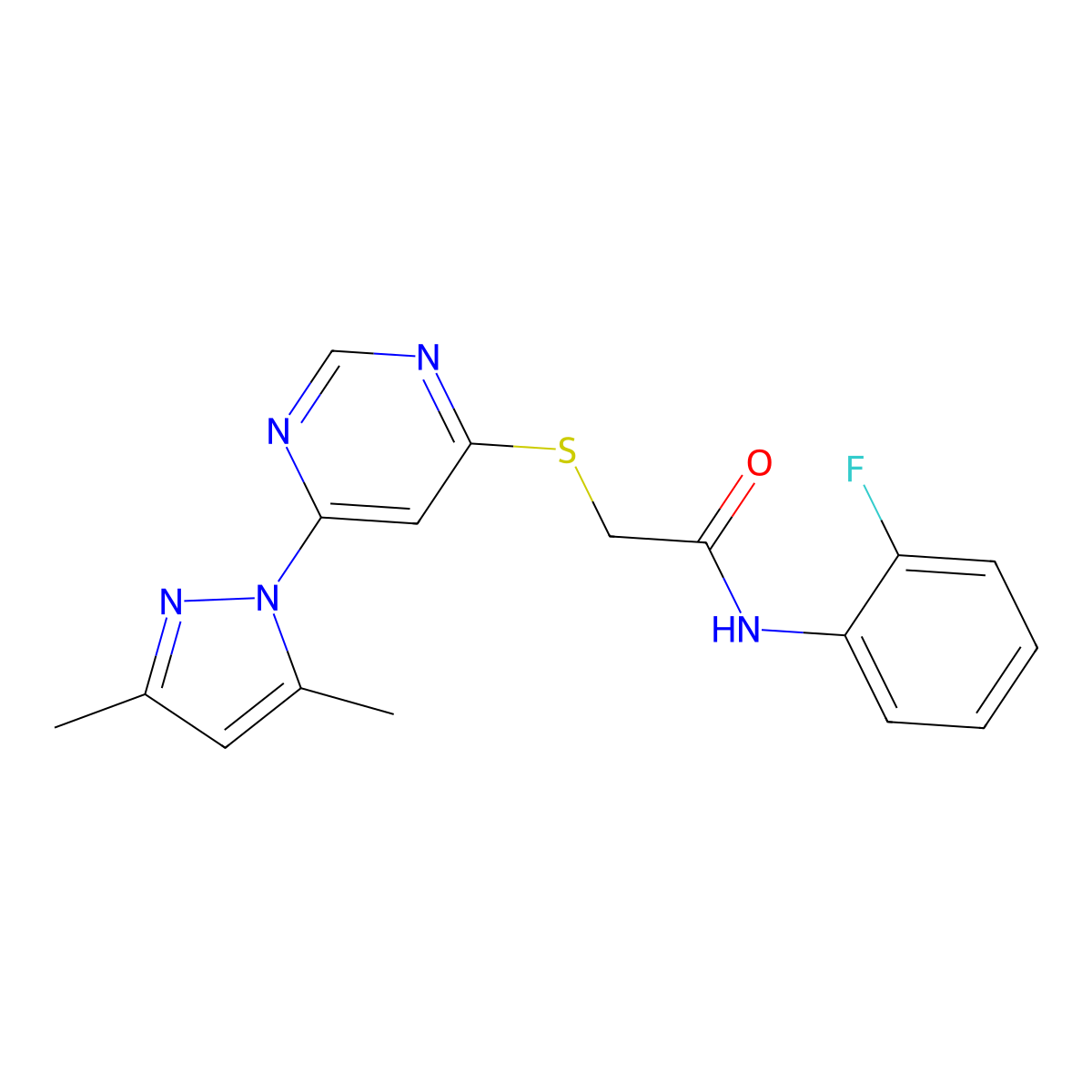 2-((6-(3,5-dimethyl-1H-pyrazol-1-yl)pyrimidin-4-yl)thio)-N-(2-fluorophenyl)acetamide molecular structure, CAS 1251710-58-3