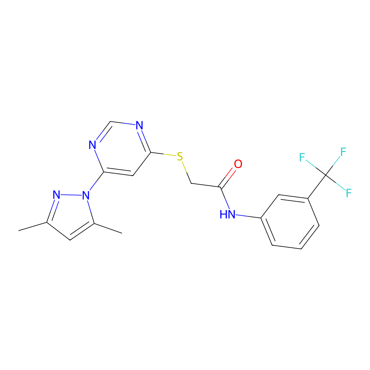 2-((6-(3,5-dimethyl-1H-pyrazol-1-yl)pyrimidin-4-yl)thio)-N-(3-(trifluoromethyl)phenyl)acetamide molecular structure, CAS 1251710-60-7