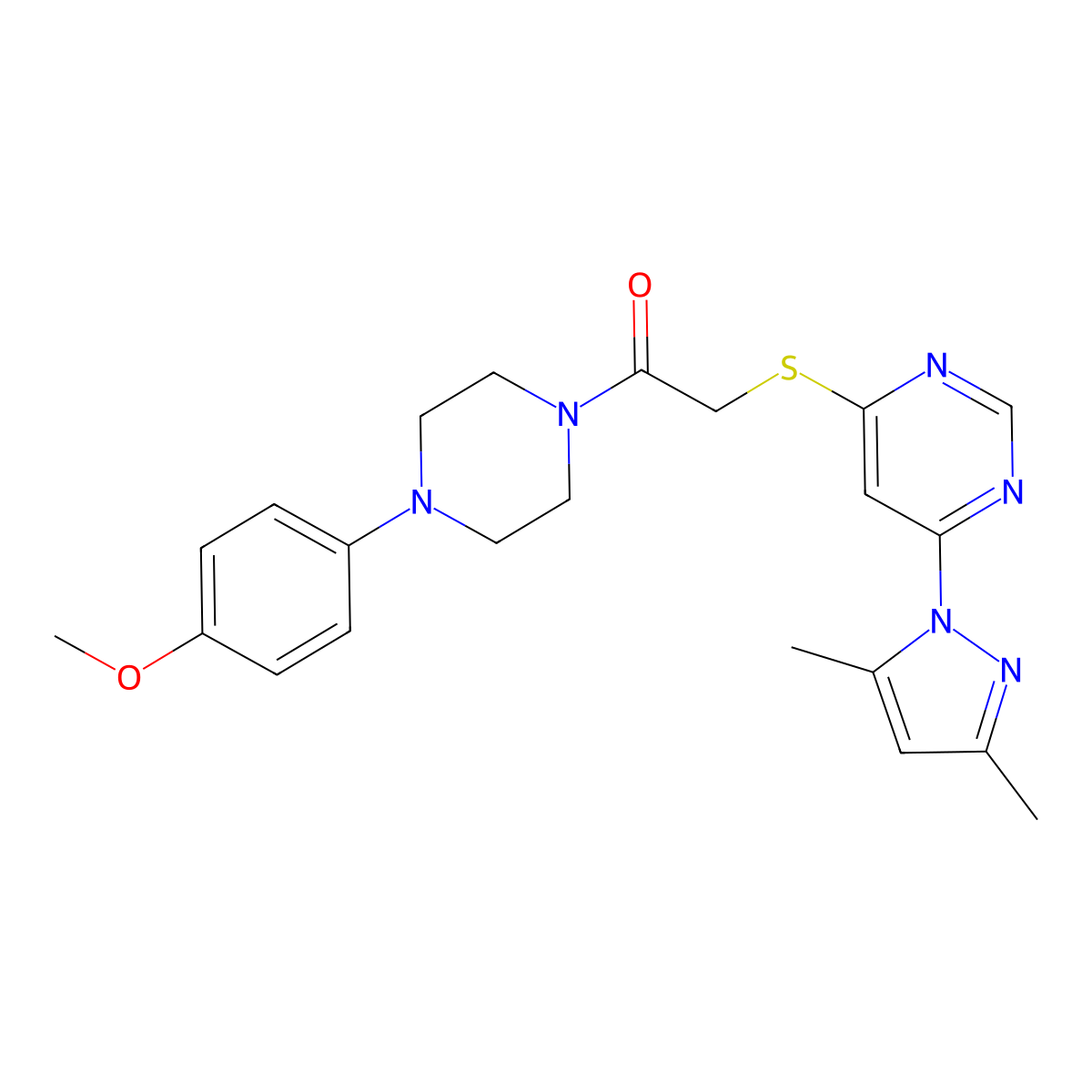2-((6-(3,5-dimethyl-1H-pyrazol-1-yl)pyrimidin-4-yl)thio)-1-(4-(4-methoxyphenyl)piperazin-1-yl)ethanone molecular structure, CAS 1251710-62-9