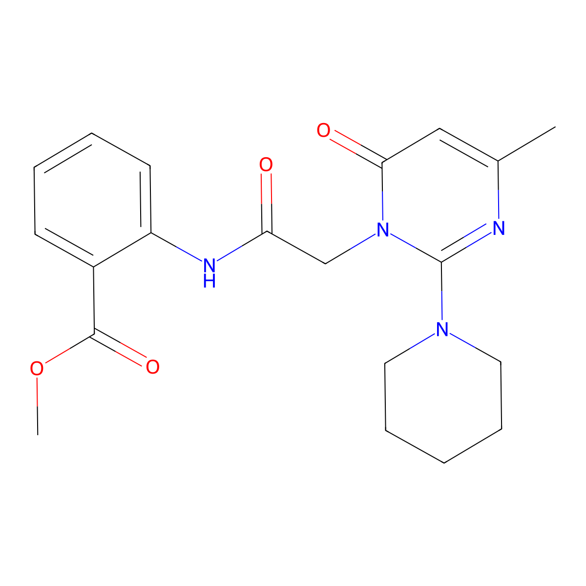 Methyl 2-{2-[4-methyl-6-oxo-2-(piperidin-1-yl)-1,6-dihydropyrimidin-1-yl]acetamido}benzoate molecular structure, CAS 1251710-97-0