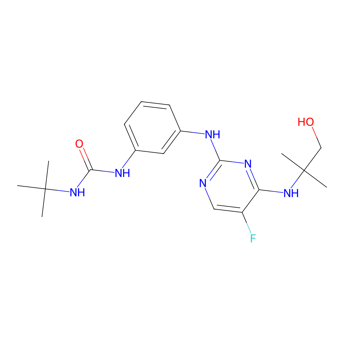 1-(Tert-butyl)-3-(3-((5-fluoro-4-((1-hydroxy-2-methylpropan-2-yl)amino)pyrimidin-2-yl)amino)phenyl)urea molecular structure, CAS 1251752-12-1
