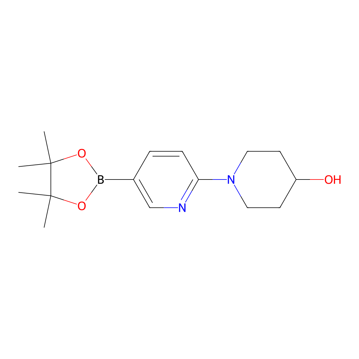 1-(5-(4,4,5,5-Tetramethyl-1,3,2-dioxaborolan-2-yl)pyridin-2-yl)piperidin-4-ol molecular structure, CAS 1251948-86-3