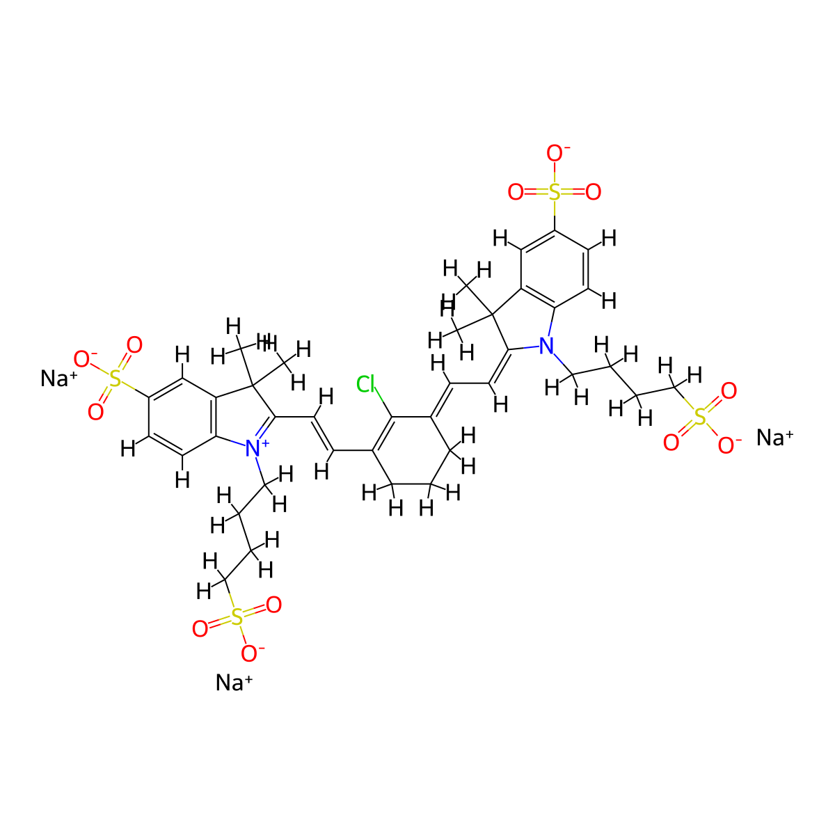 3,3-dimethyl-2-(2-(2-chloro-3-(2-(1,3-dihydro-3,3-dimethyl-5-sulfo-1-(4-sulfobutyl)-2h-indol-2-ylidene)-ethylidene)-1-cyclohexen-1-yl)-ethenyl)-5-sulfo-1-(4-sulfobutyl)-3h-indolium hydroxide, innersalt, trisodium salt molecular structure, CAS 1252007-83-2