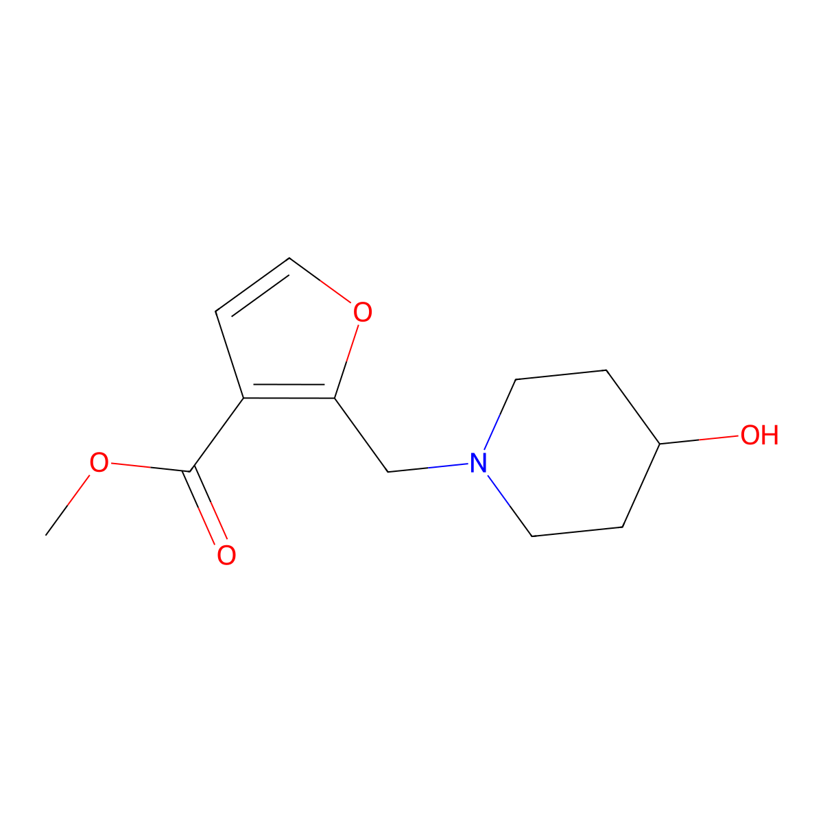 Methyl 2-((4-hydroxypiperidin-1-yl)methyl)furan-3-carboxylate molecular structure, CAS 1252126-37-6