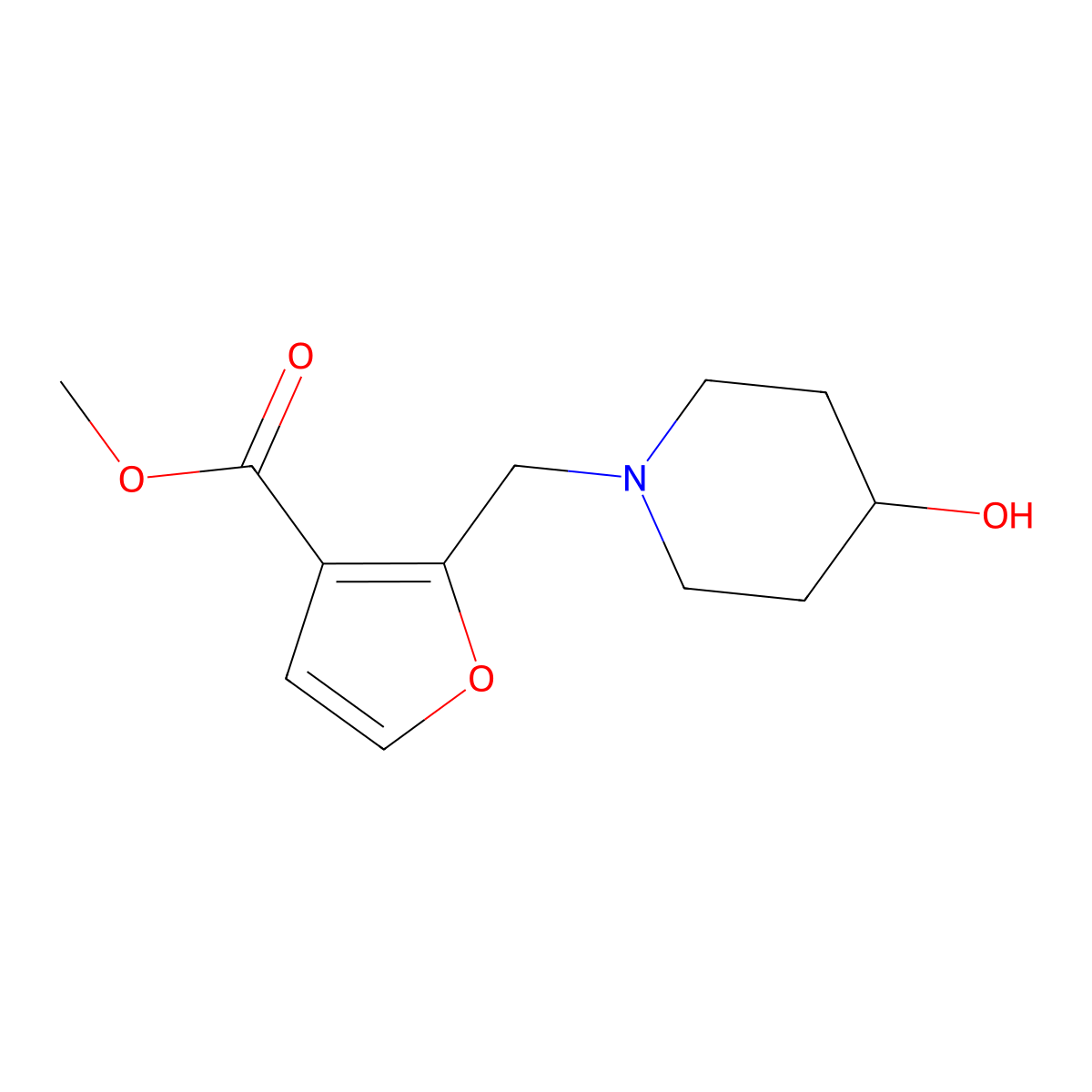Methyl 2-((4-hydroxypiperidin-1-yl)methyl)furan-3-carboxylate molecular structure, CAS 1252126-37-6