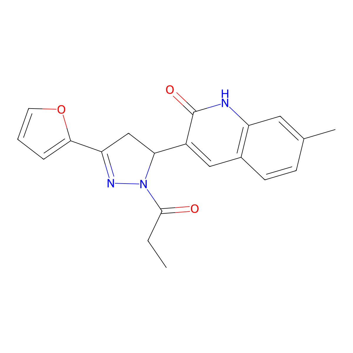 3-(3-(furan-2-yl)-1-propionyl-4,5-dihydro-1H-pyrazol-5-yl)-7-methylquinolin-2(1H)-one molecular structure, CAS 1252421-71-8