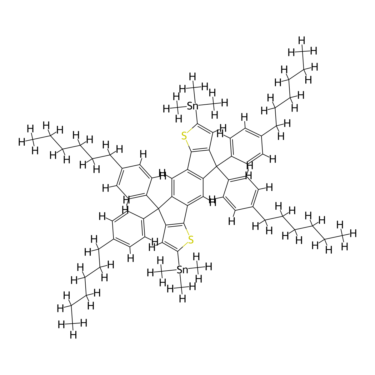 1,1'-(4,4,9,9-Tetrakis(4-hexylphenyl)-4,9-dihydro-s-indaceno(1,2-b:5,6-b')dithiophene-2,7-diyl)bis(1,1,1-trimehtylstannyl)stannane molecular structure, CAS 1252555-61-5