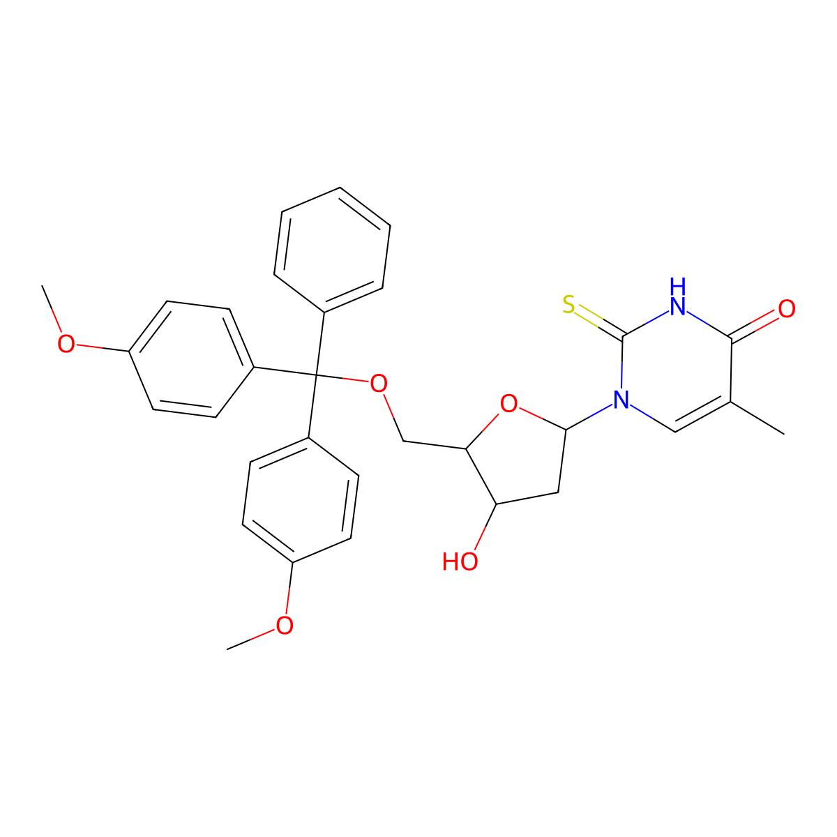 1-((2R,4S,5R)-5-((Bis(4-methoxyphenyl)(phenyl)methoxy)methyl)-4-hydroxytetrahydrofuran-2-yl)-5-methyl-2-thioxo-2,3-dihydropyrimidin-4(1H)-one molecular structure, CAS 125258-60-8