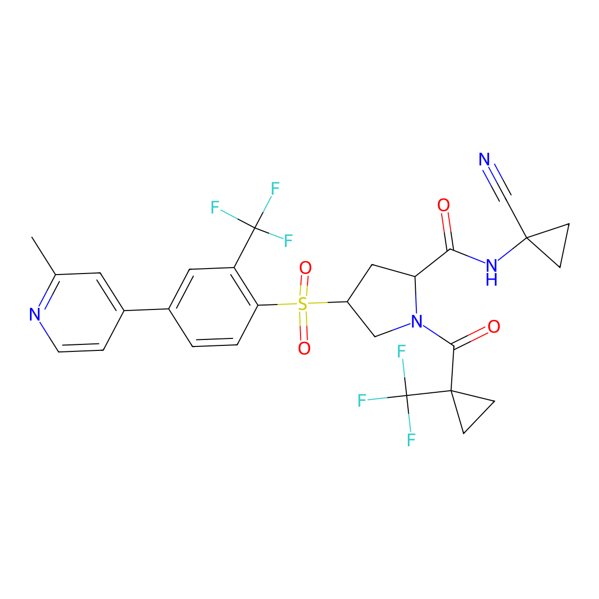 (2S,4R)-N-(1-cyanocyclopropyl)-4-[4-(2-methyl-4-pyridinyl)-2-(trifluoromethyl)phenyl]sulfonyl-1-[1-(trifluoromethyl)cyclopropanecarbonyl]pyrrolidine-2-carboxamide molecular structure, CAS 1252637-46-9