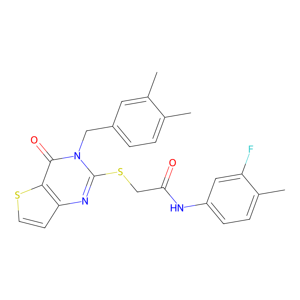 2-{[3-(3,4-dimethylbenzyl)-4-oxo-3,4-dihydrothieno[3,2-d]pyrimidin-2-yl]sulfanyl}-N-(3-fluoro-4-methylphenyl)acetamide molecular structure, CAS 1252820-35-1