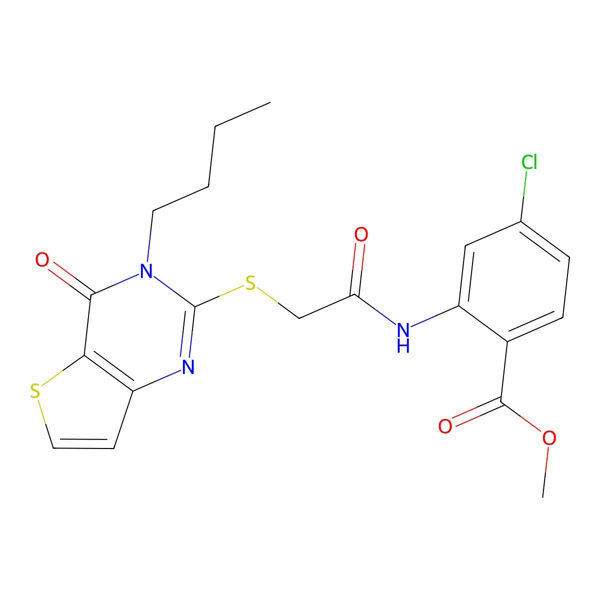 methyl 2-[2-({3-butyl-4-oxo-3H,4H-thieno[3,2-d]pyrimidin-2-yl}sulfanyl)acetamido]-4-chlorobenzoate molecular structure, CAS 1252821-17-2