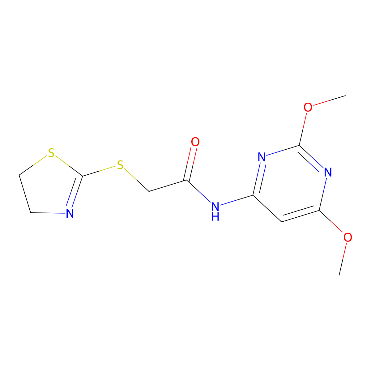 2-(4,5-dihydro-1,3-thiazol-2-ylsulfanyl)-N-(2,6-dimethoxypyrimidin-4-yl)acetamide molecular structure, CAS 1252824-36-4