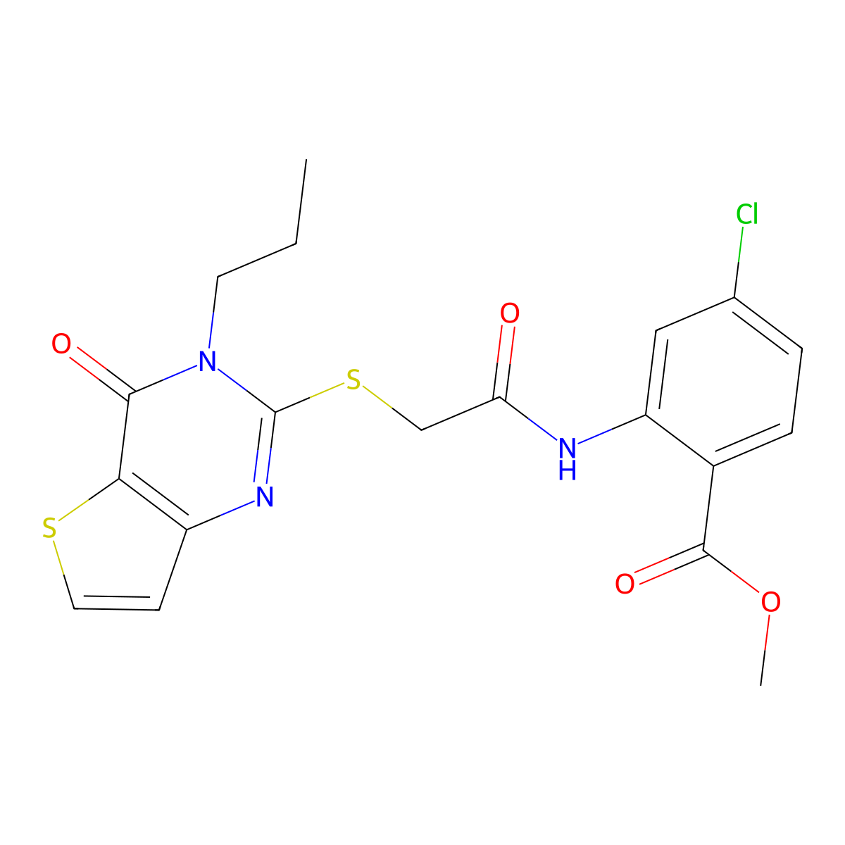 methyl 4-chloro-2-[2-({4-oxo-3-propyl-3H,4H-thieno[3,2-d]pyrimidin-2-yl}sulfanyl)acetamido]benzoate molecular structure, CAS 1252824-86-4