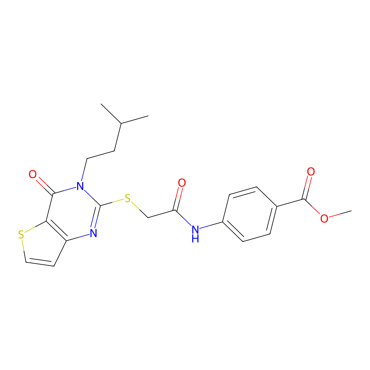 Methyl 4-[({[3-(3-methylbutyl)-4-oxo-3,4-dihydrothieno[3,2-d]pyrimidin-2-yl]sulfanyl}acetyl)amino]benzoate molecular structure, CAS 1252825-08-3