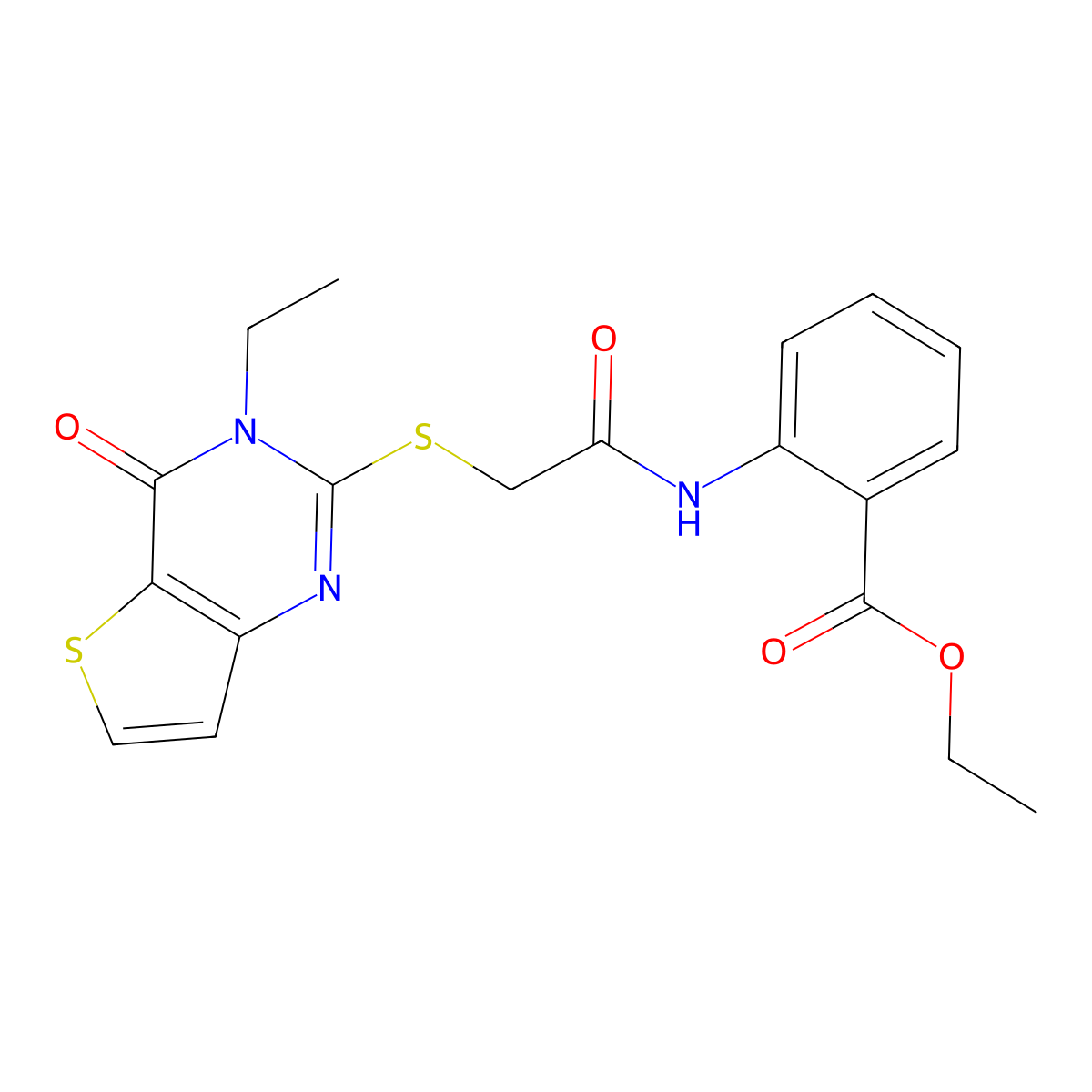 ethyl 2-[2-({3-ethyl-4-oxo-3H,4H-thieno[3,2-d]pyrimidin-2-yl}sulfanyl)acetamido]benzoate molecular structure, CAS 1252839-96-5