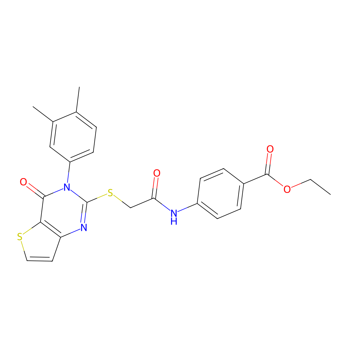 Ethyl 4-[({[3-(3,4-dimethylphenyl)-4-oxo-3,4-dihydrothieno[3,2-d]pyrimidin-2-yl]sulfanyl}acetyl)amino]benzoate molecular structure, CAS 1252840-00-8