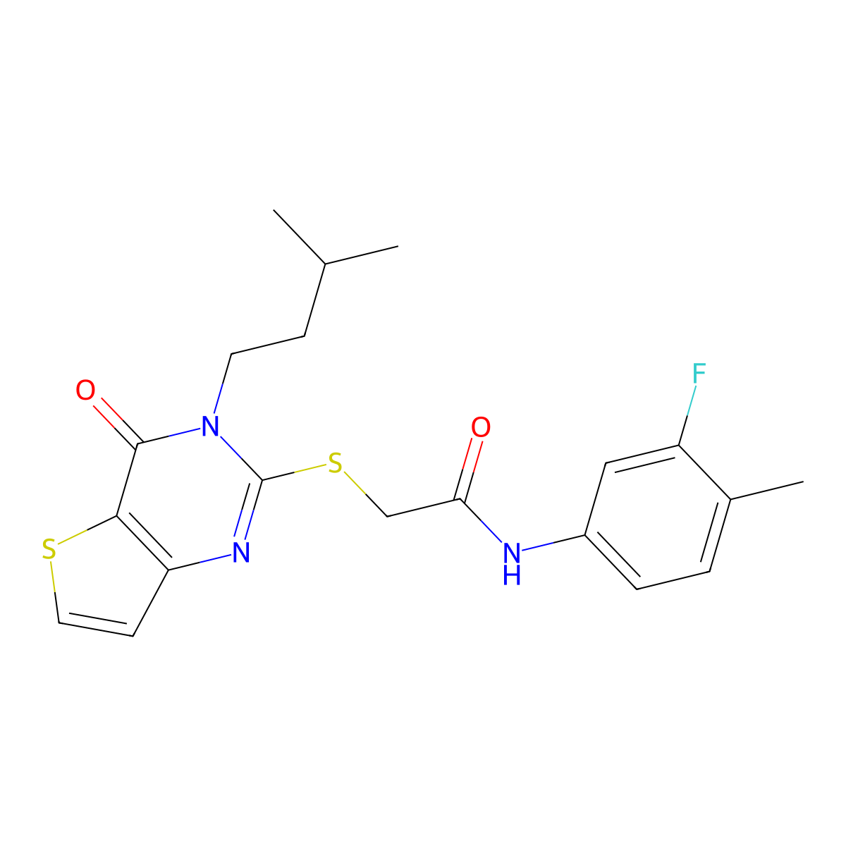 N-(3-fluoro-4-methylphenyl)-2-{[3-(3-methylbutyl)-4-oxo-3,4-dihydrothieno[3,2-d]pyrimidin-2-yl]sulfanyl}acetamide molecular structure, CAS 1252840-77-9