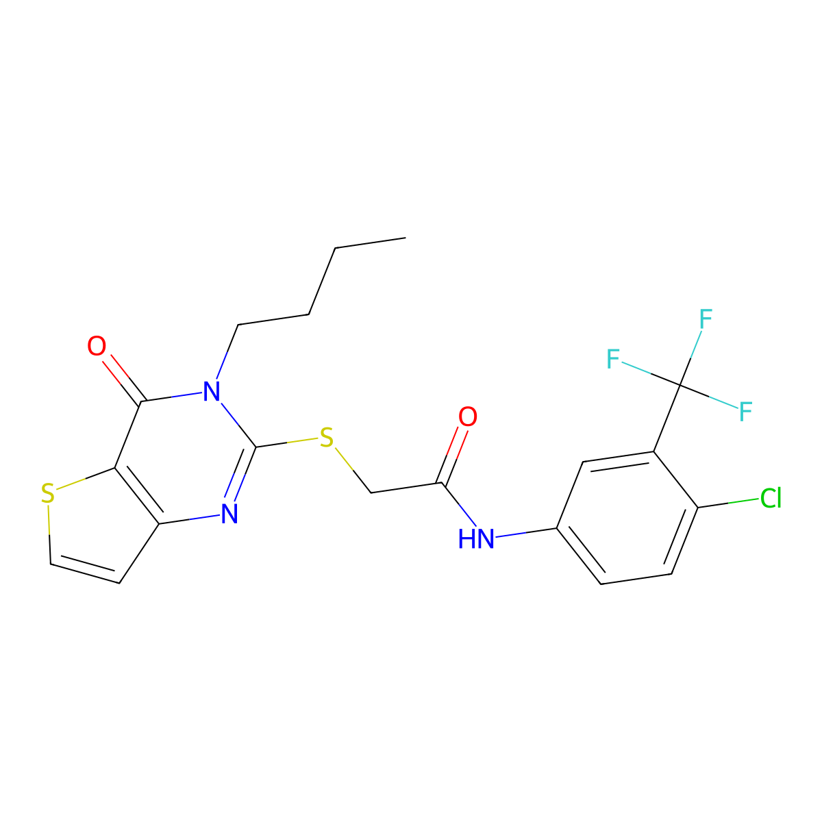2-({3-butyl-4-oxo-3H,4H-thieno[3,2-d]pyrimidin-2-yl}sulfanyl)-N-[4-chloro-3-(trifluoromethyl)phenyl]acetamide molecular structure, CAS 1252844-40-8