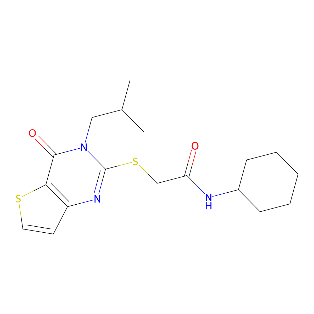 N-cyclohexyl-2-((3-isobutyl-4-oxo-3,4-dihydrothieno[3,2-d]pyrimidin-2-yl)thio)acetamide molecular structure, CAS 1252851-42-5