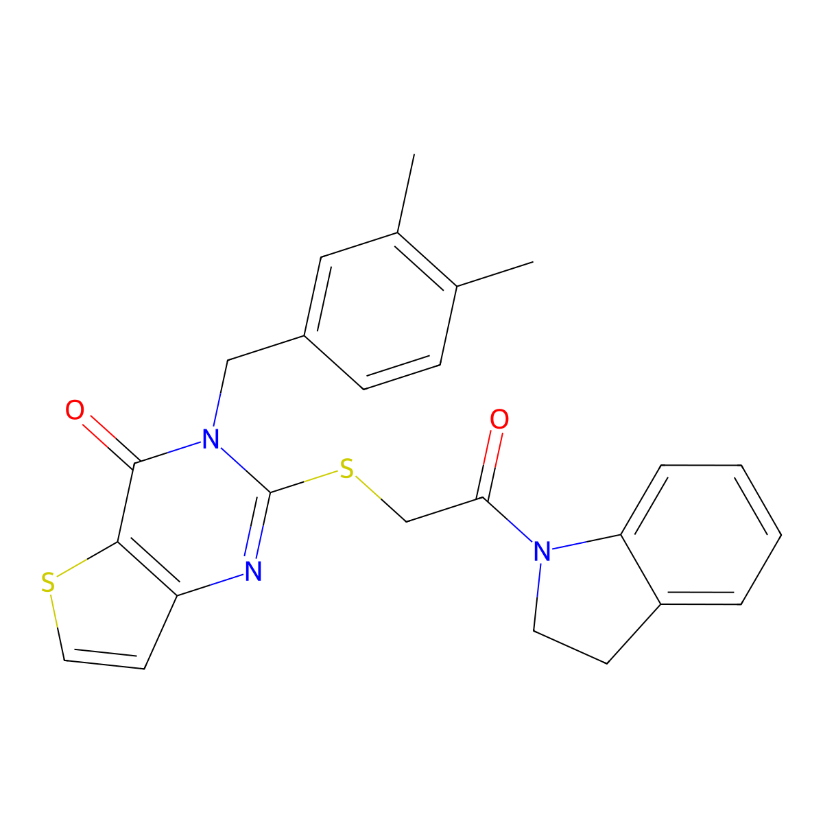 2-{[2-(2,3-dihydro-1H-indol-1-yl)-2-oxoethyl]sulfanyl}-3-(3,4-dimethylbenzyl)thieno[3,2-d]pyrimidin-4(3H)-one molecular structure, CAS 1252854-70-8