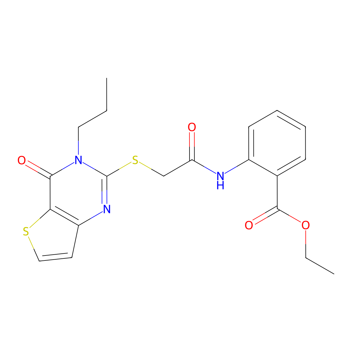 ethyl 2-[2-({4-oxo-3-propyl-3H,4H-thieno[3,2-d]pyrimidin-2-yl}sulfanyl)acetamido]benzoate molecular structure, CAS 1252859-58-7