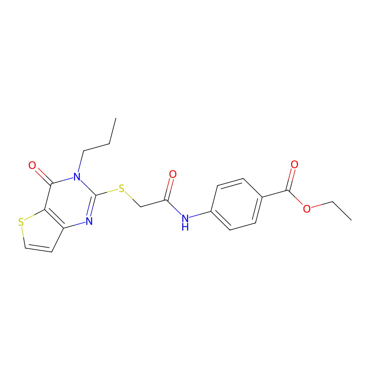 ethyl 4-[2-({4-oxo-3-propyl-3H,4H-thieno[3,2-d]pyrimidin-2-yl}sulfanyl)acetamido]benzoate molecular structure, CAS 1252877-13-6