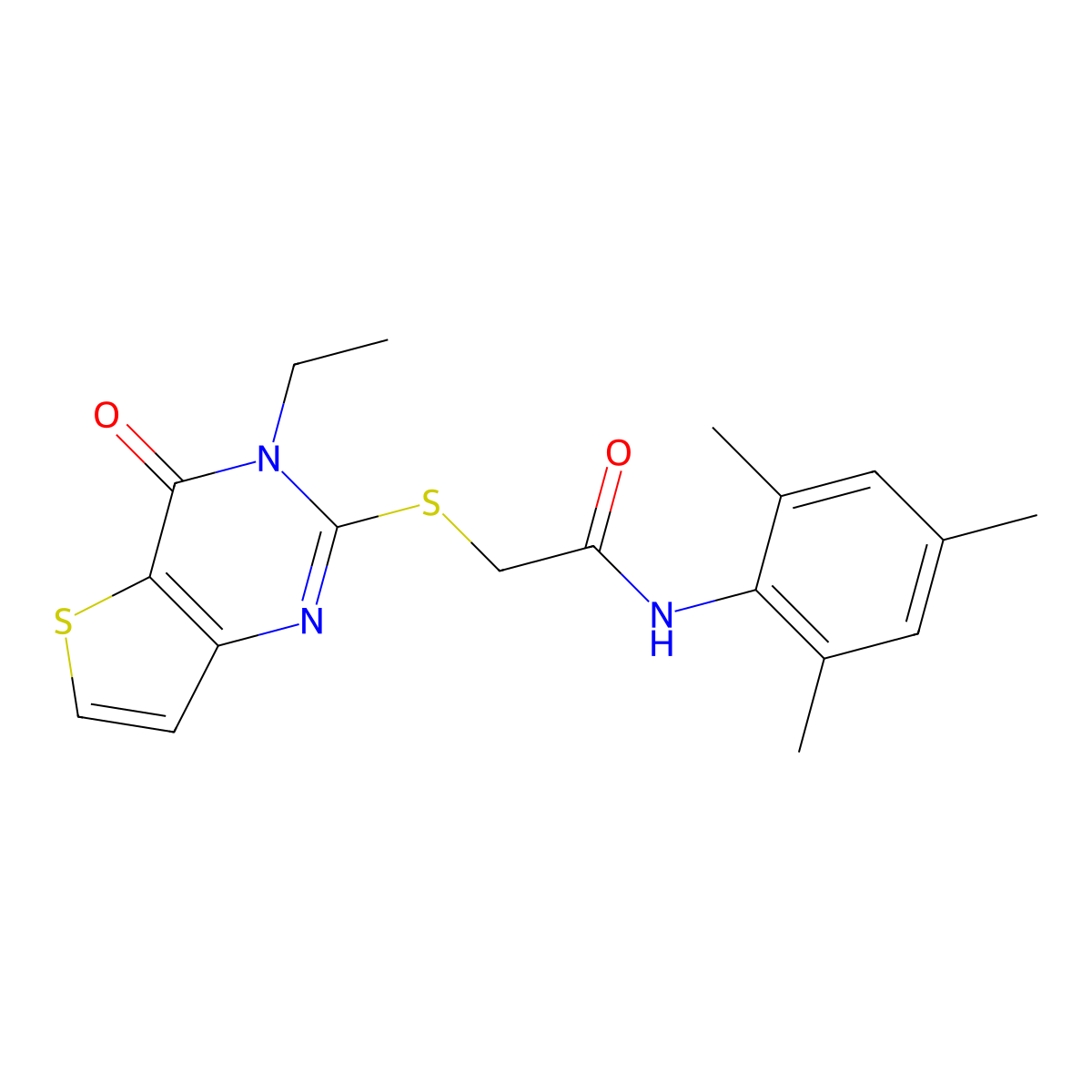 2-({3-ethyl-4-oxo-3H,4H-thieno[3,2-d]pyrimidin-2-yl}sulfanyl)-N-(2,4,6-trimethylphenyl)acetamide molecular structure, CAS 1252879-63-2