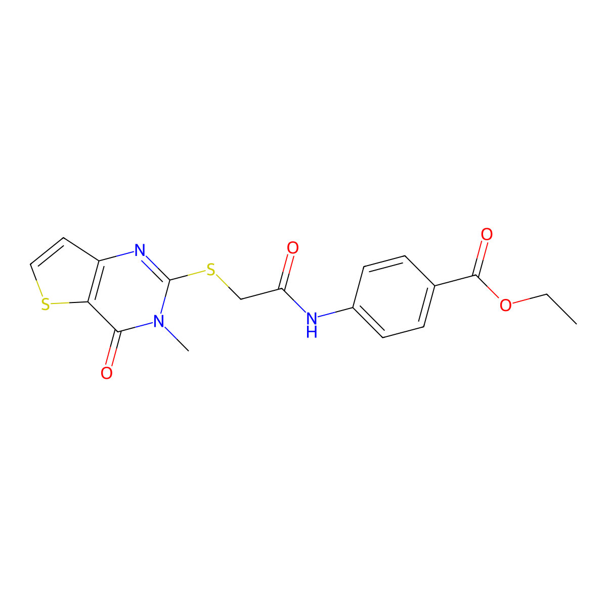 Ethyl 4-({[(3-methyl-4-oxo-3,4-dihydrothieno[3,2-d]pyrimidin-2-yl)sulfanyl]acetyl}amino)benzoate molecular structure, CAS 1252893-05-2