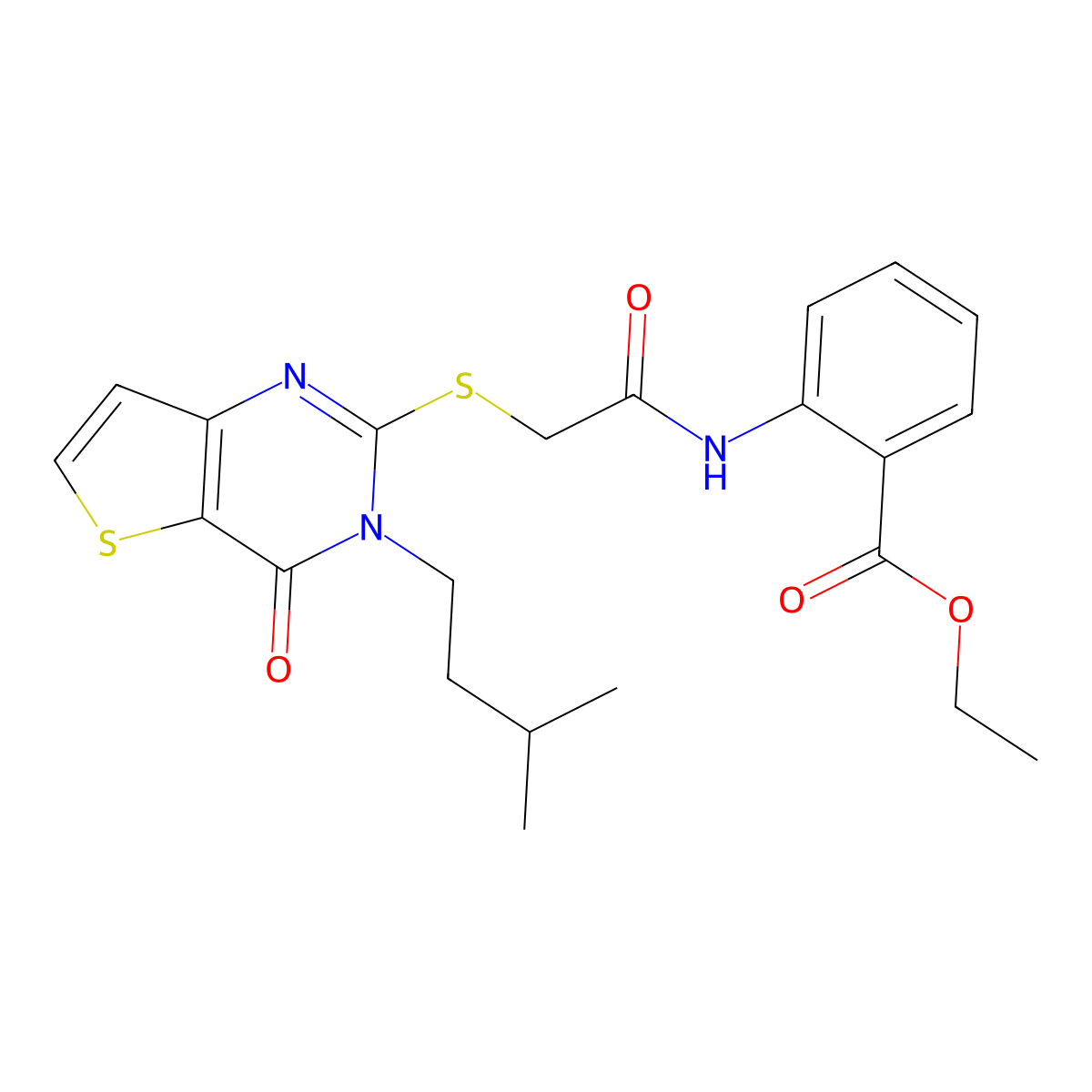 Ethyl 2-[({[3-(3-methylbutyl)-4-oxo-3,4-dihydrothieno[3,2-d]pyrimidin-2-yl]sulfanyl}acetyl)amino]benzoate molecular structure, CAS 1252900-21-2
