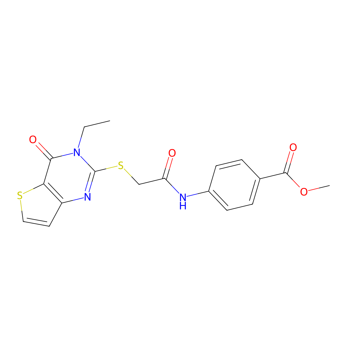 Methyl 4-({[(3-ethyl-4-oxo-3,4-dihydrothieno[3,2-d]pyrimidin-2-yl)sulfanyl]acetyl}amino)benzoate molecular structure, CAS 1252901-03-3