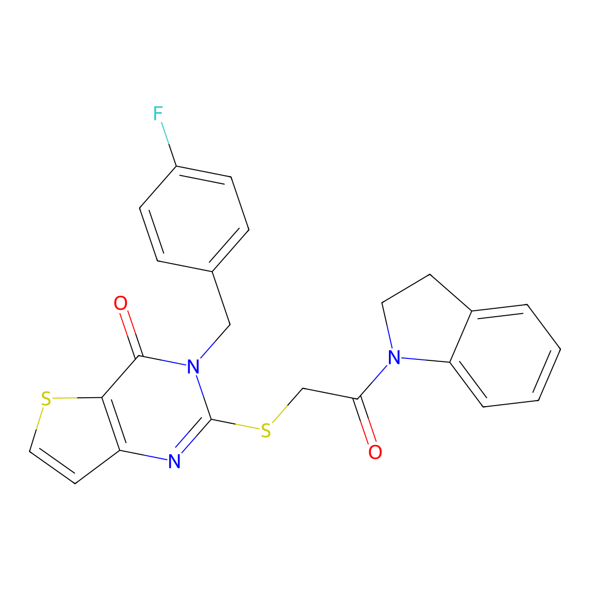 2-{[2-(2,3-dihydro-1H-indol-1-yl)-2-oxoethyl]sulfanyl}-3-(4-fluorobenzyl)thieno[3,2-d]pyrimidin-4(3H)-one molecular structure, CAS 1252903-69-7