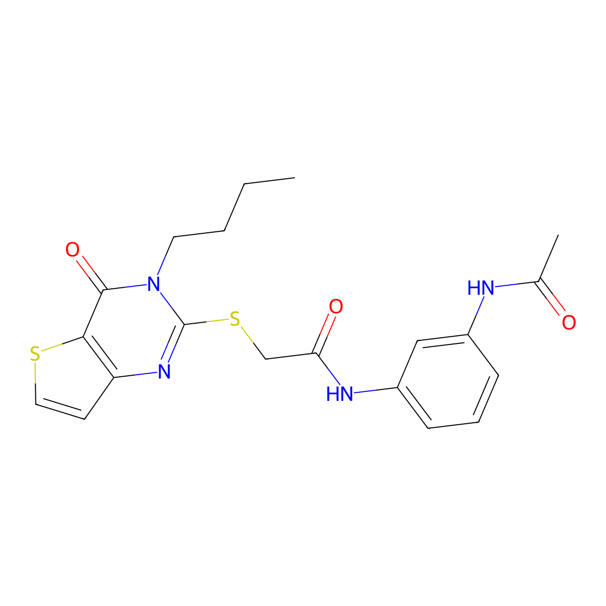 2-({3-butyl-4-oxo-3H,4H-thieno[3,2-d]pyrimidin-2-yl}sulfanyl)-N-(3-acetamidophenyl)acetamide molecular structure, CAS 1252906-86-7