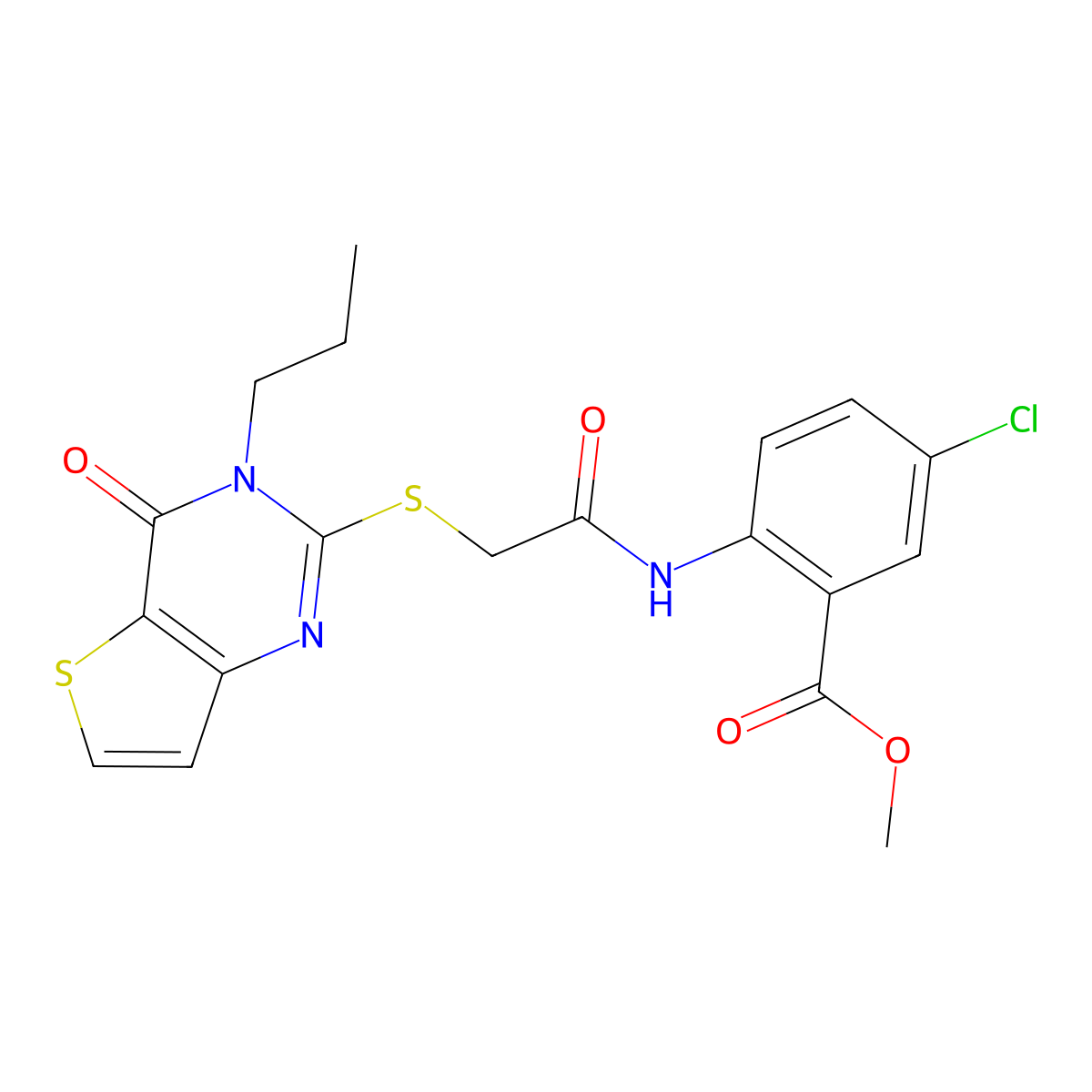 methyl 5-chloro-2-[2-({4-oxo-3-propyl-3H,4H-thieno[3,2-d]pyrimidin-2-yl}sulfanyl)acetamido]benzoate molecular structure, CAS 1252915-26-6