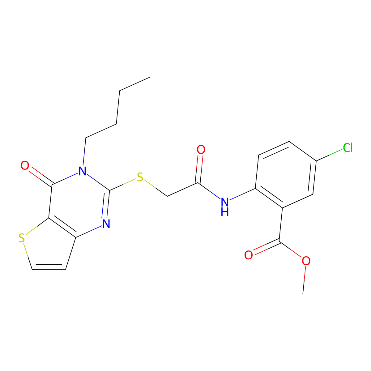 methyl 2-[2-({3-butyl-4-oxo-3H,4H-thieno[3,2-d]pyrimidin-2-yl}sulfanyl)acetamido]-5-chlorobenzoate molecular structure, CAS 1252916-22-5