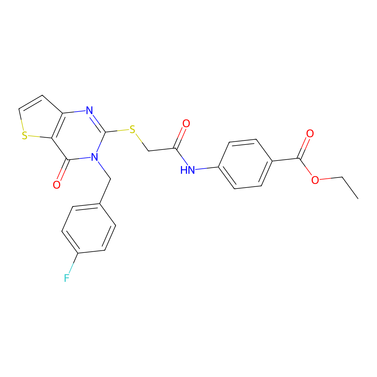 Ethyl 4-[({[3-(4-fluorobenzyl)-4-oxo-3,4-dihydrothieno[3,2-d]pyrimidin-2-yl]sulfanyl}acetyl)amino]benzoate molecular structure, CAS 1252918-17-4