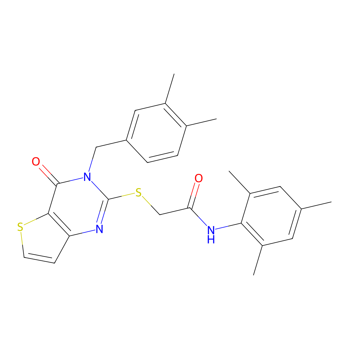 2-{[3-(3,4-dimethylbenzyl)-4-oxo-3,4-dihydrothieno[3,2-d]pyrimidin-2-yl]sulfanyl}-N-(2,4,6-trimethylphenyl)acetamide molecular structure, CAS 1252918-27-6