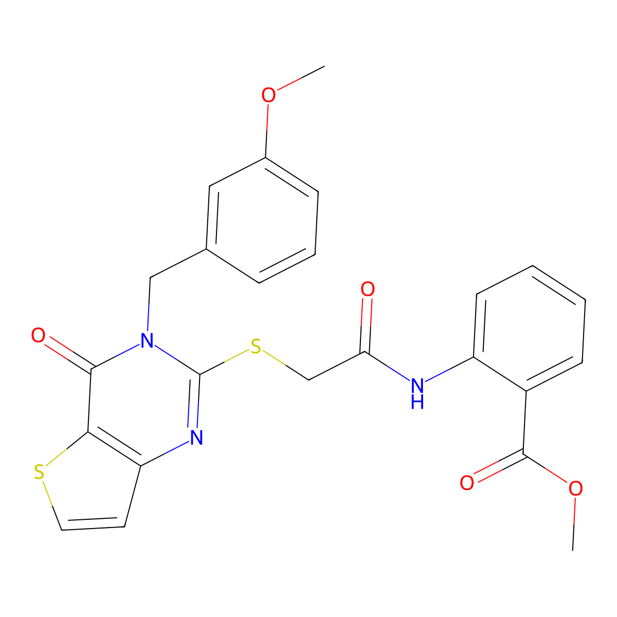 Methyl 2-[({[3-(3-methoxybenzyl)-4-oxo-3,4-dihydrothieno[3,2-d]pyrimidin-2-yl]sulfanyl}acetyl)amino]benzoate molecular structure, CAS 1252919-66-6