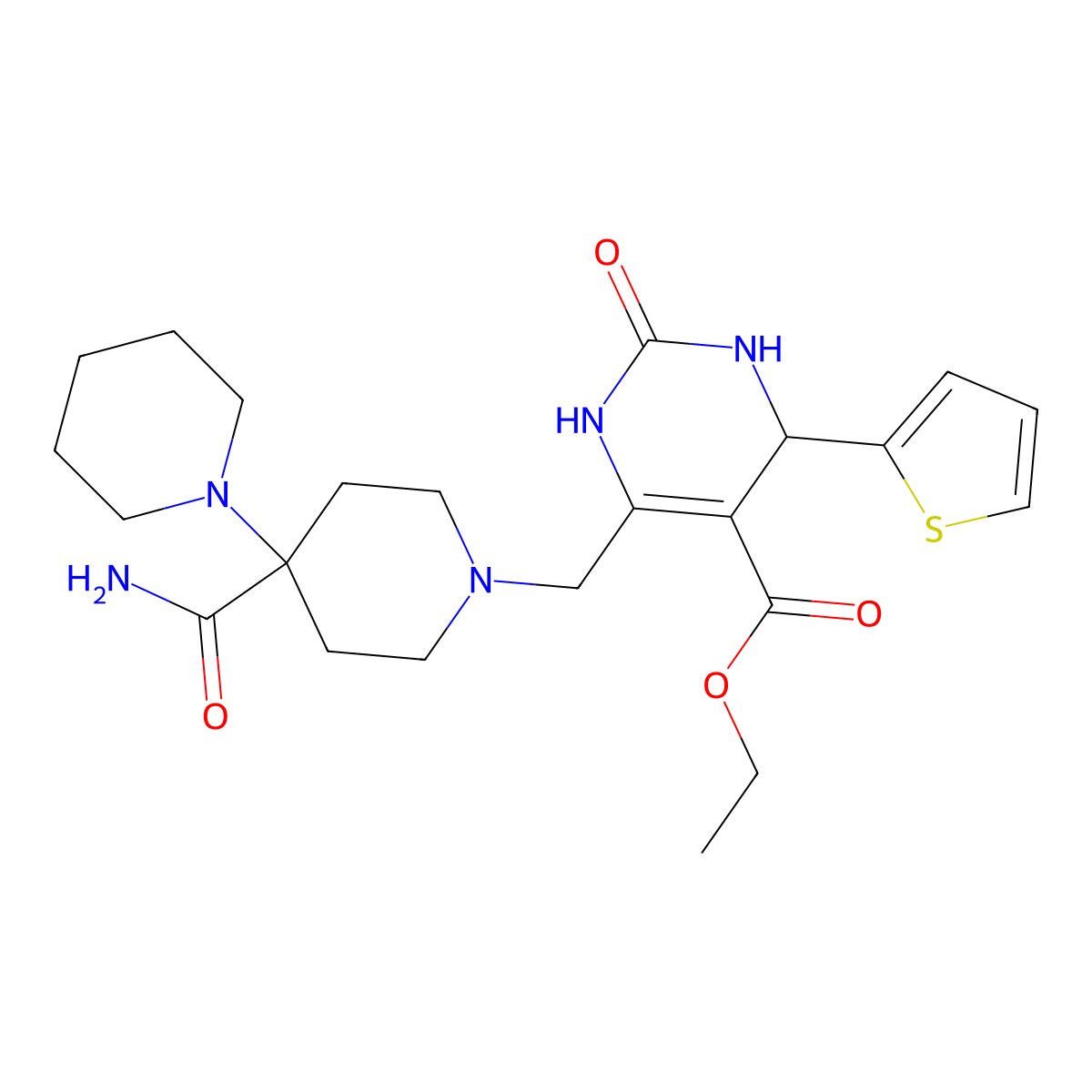 Ethyl 6-((4'-carbamoyl-[1,4'-bipiperidin]-1'-yl)methyl)-2-oxo-4-(thiophen-2-yl)-1,2,3,4-tetrahydropyrimidine-5-carboxylate molecular structure, CAS 1252921-42-8