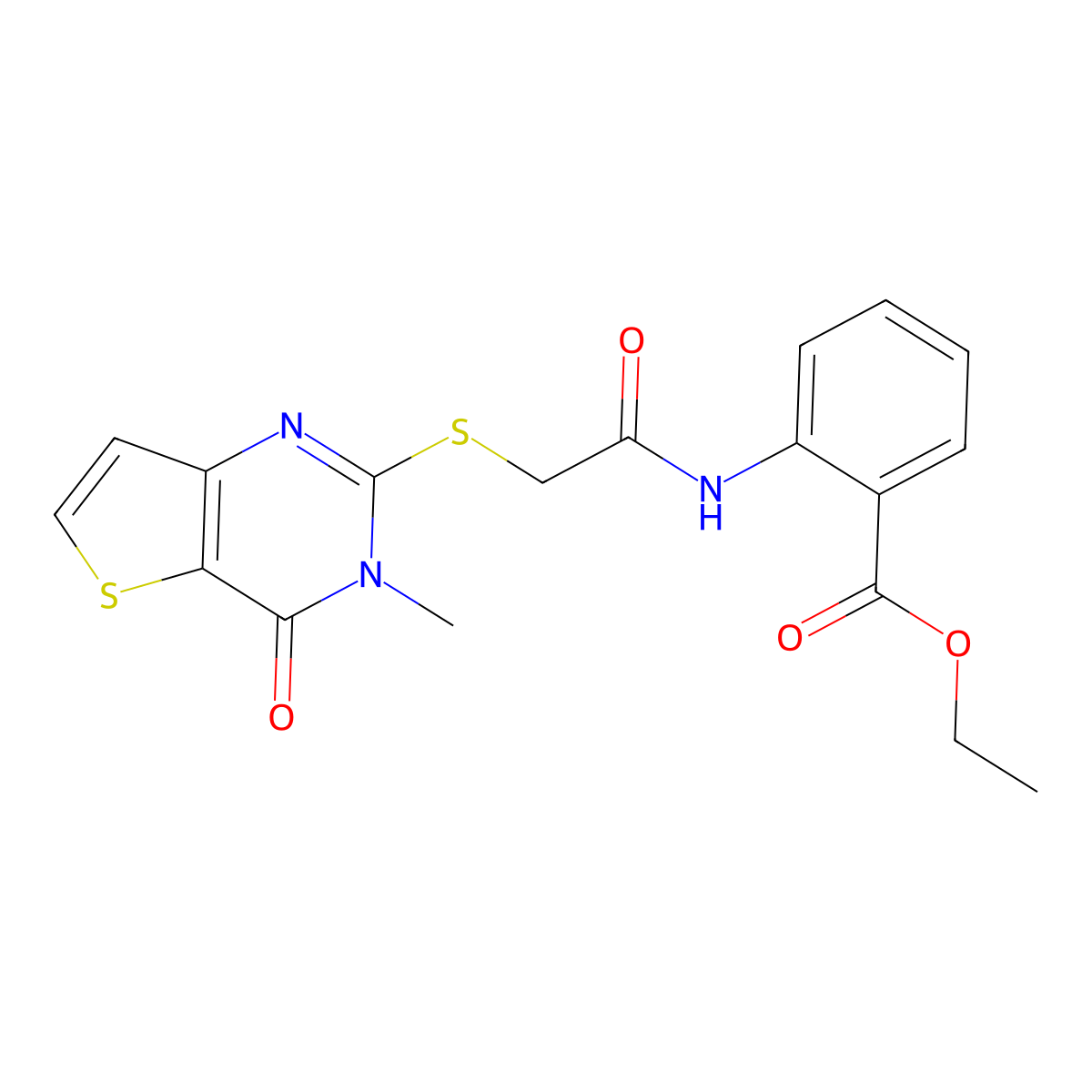 Ethyl 2-({[(3-methyl-4-oxo-3,4-dihydrothieno[3,2-d]pyrimidin-2-yl)sulfanyl]acetyl}amino)benzoate molecular structure, CAS 1252923-10-6