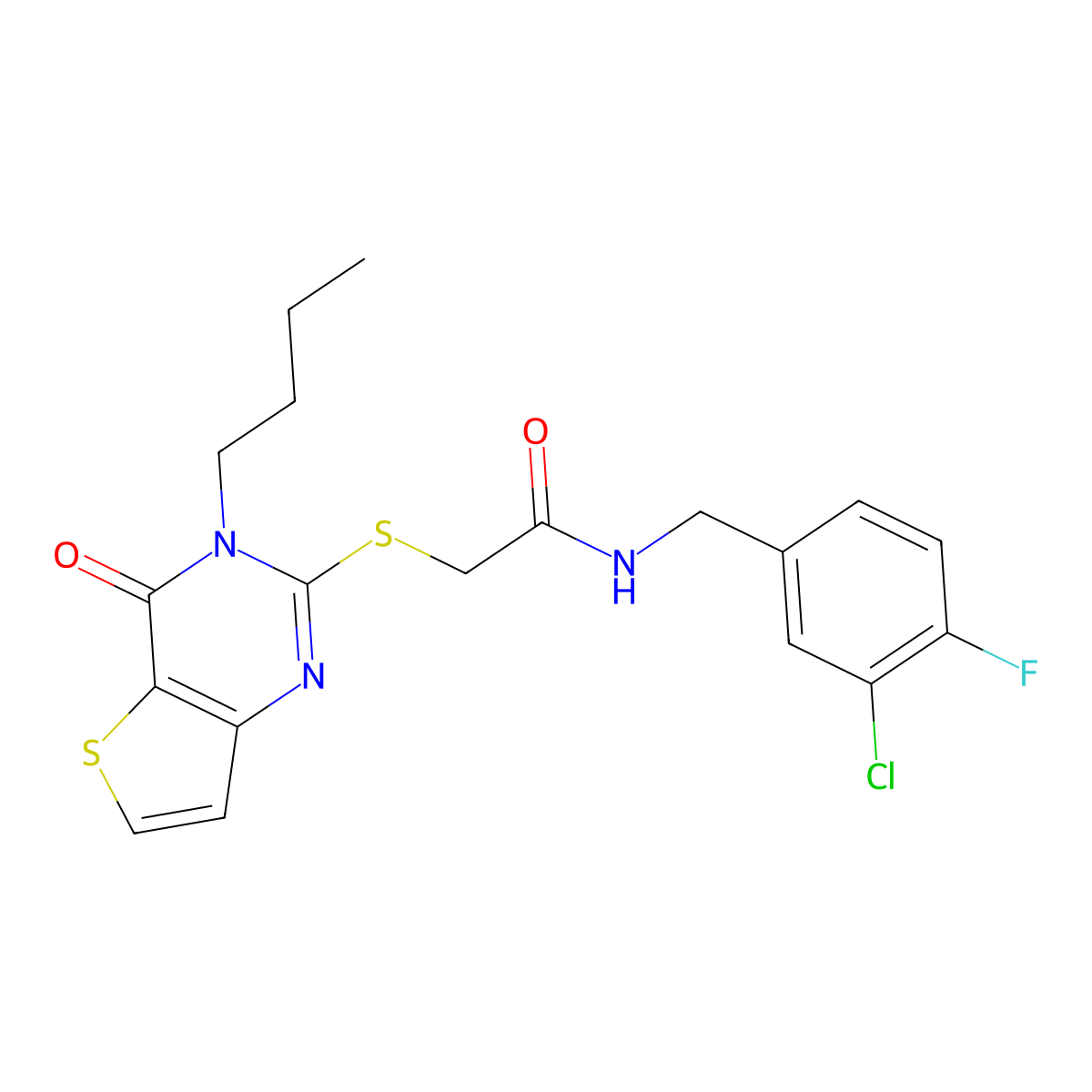 2-({3-butyl-4-oxo-3H,4H-thieno[3,2-d]pyrimidin-2-yl}sulfanyl)-N-[(3-chloro-4-fluorophenyl)methyl]acetamide molecular structure, CAS 1252924-09-6