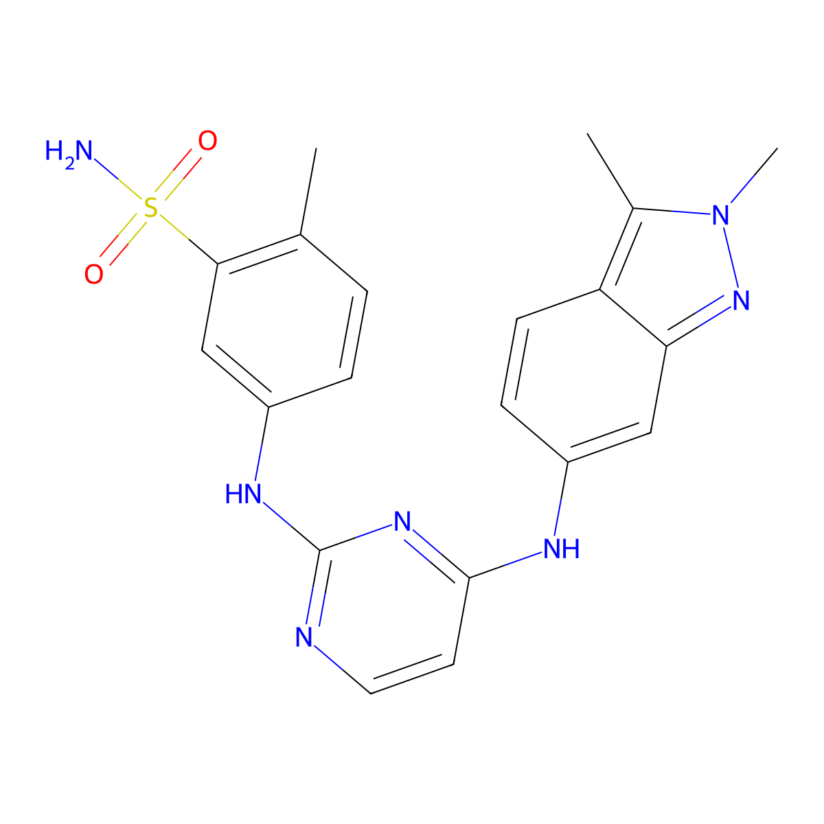 Benzenesulfonamide, 5-((4-((2,3-dimethyl-2H-indazol-6-yl)amino)-2-pyrimidinyl)amino)-2-methyl- molecular structure, CAS 1252927-47-1