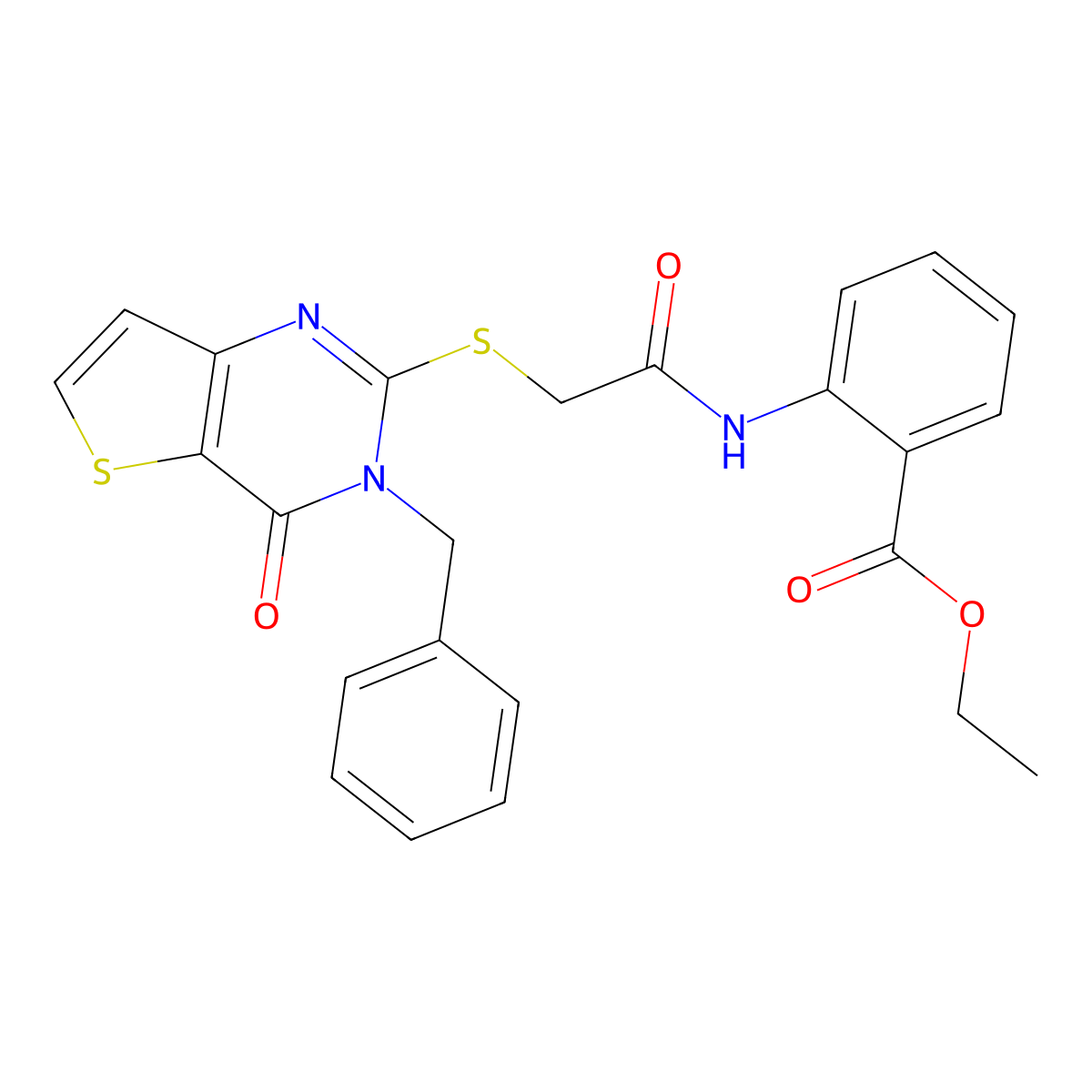 ethyl 2-[2-({3-benzyl-4-oxo-3H,4H-thieno[3,2-d]pyrimidin-2-yl}sulfanyl)acetamido]benzoate molecular structure, CAS 1252927-71-1