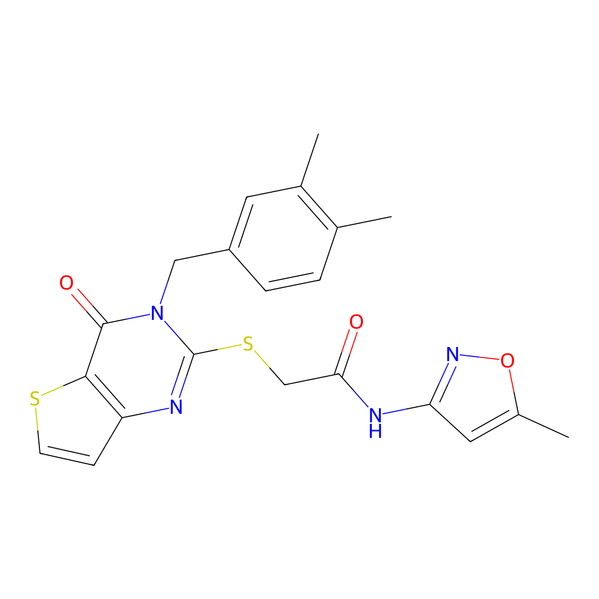 2-{[3-(3,4-dimethylbenzyl)-4-oxo-3,4-dihydrothieno[3,2-d]pyrimidin-2-yl]sulfanyl}-N-(5-methyl-1,2-oxazol-3-yl)acetamide molecular structure, CAS 1252928-05-4