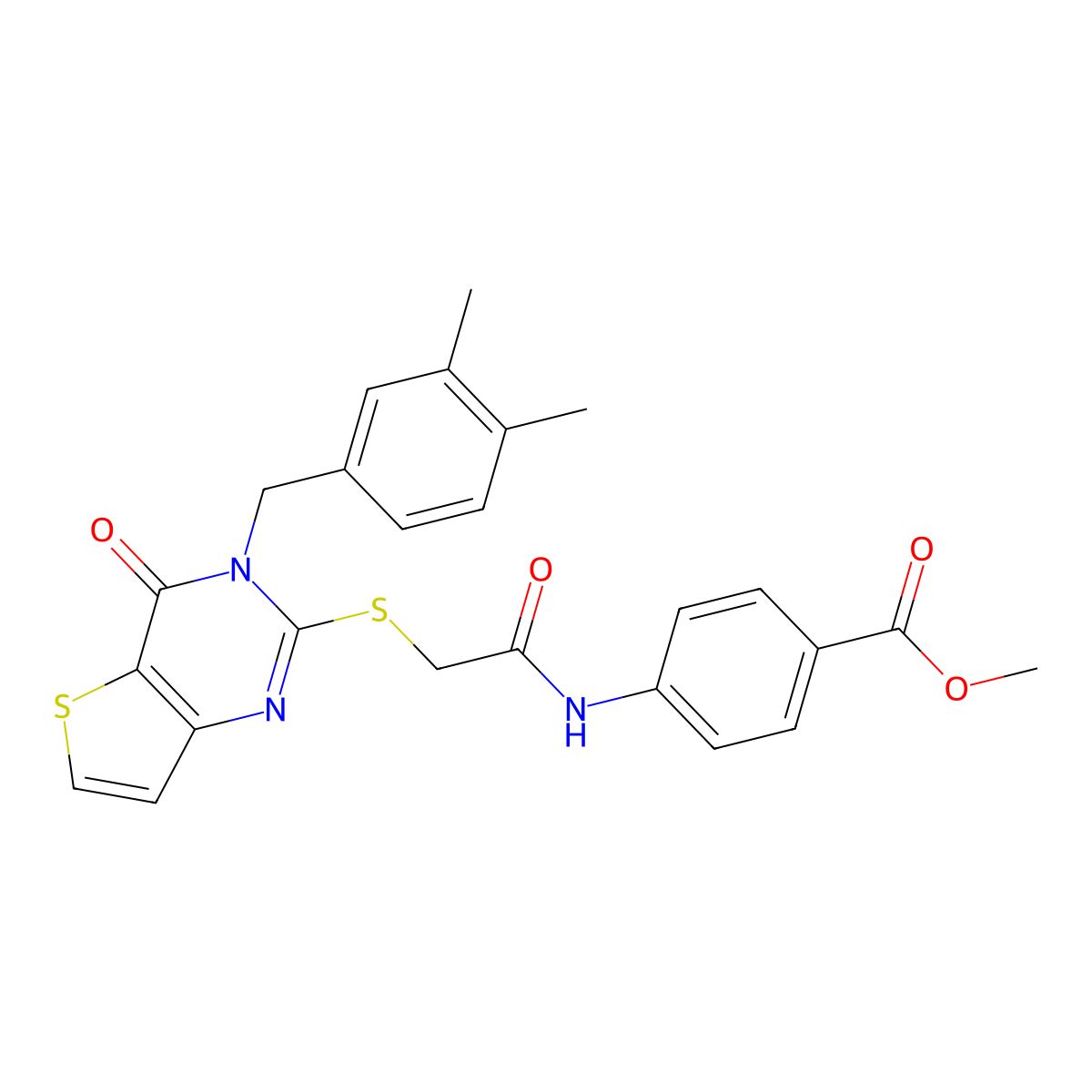 Methyl 4-[({[3-(3,4-dimethylbenzyl)-4-oxo-3,4-dihydrothieno[3,2-d]pyrimidin-2-yl]sulfanyl}acetyl)amino]benzoate molecular structure, CAS 1252930-63-4