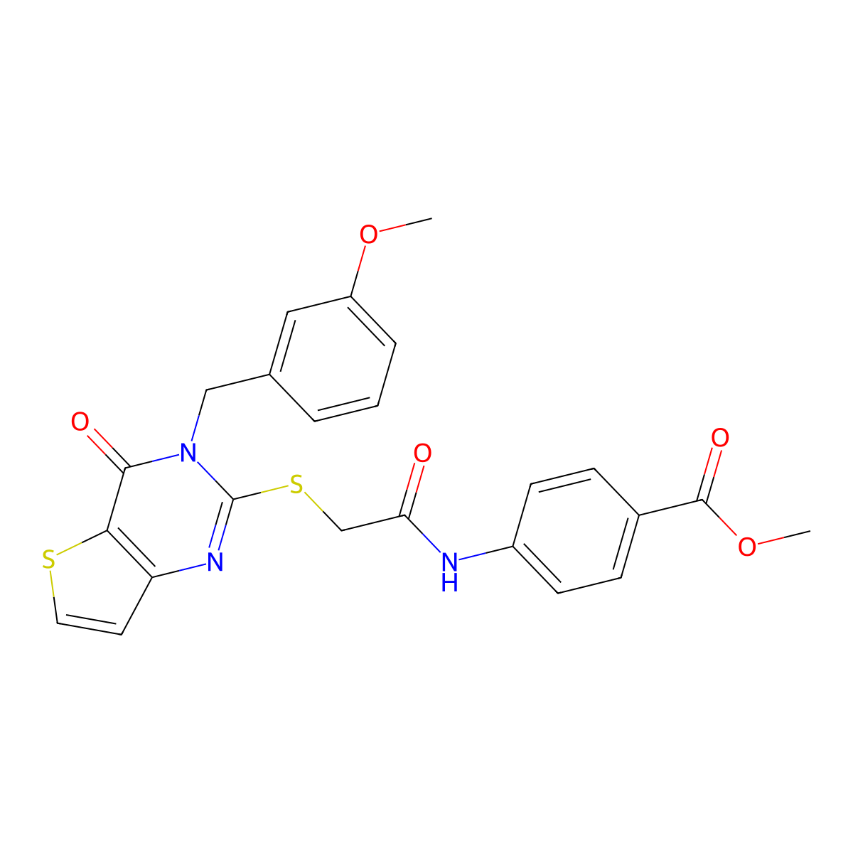 Methyl 4-[({[3-(3-methoxybenzyl)-4-oxo-3,4-dihydrothieno[3,2-d]pyrimidin-2-yl]sulfanyl}acetyl)amino]benzoate molecular structure, CAS 1252931-35-3