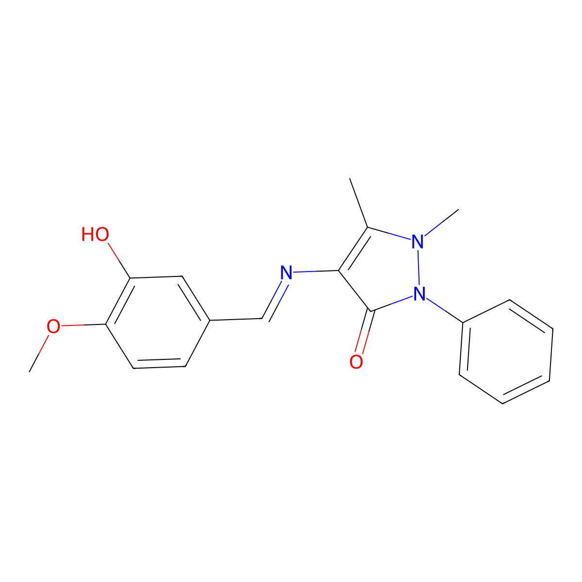 4-[(3-hydroxy-4-methoxybenzylidene)amino]-1,5-dimethyl-2-phenyl-1,2-dihydro-3H-pyrazol-3-one molecular structure, CAS 125298-64-8