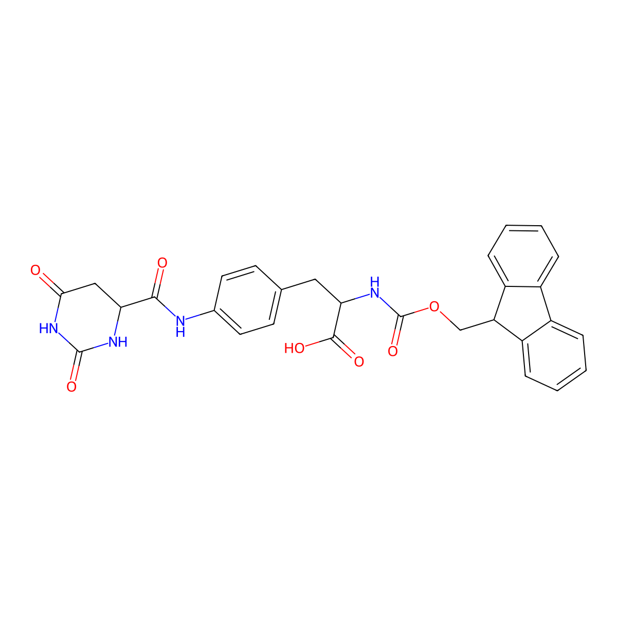 L-Phenylalanine, N-[(9H-fluoren-9-ylmethoxy)carbonyl]-4-[[[(4S)-hexahydro-2,6-dioxo-4-pyrimidinyl]carbonyl]amino]- molecular structure, CAS 1253282-31-3